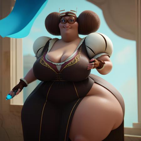 obese, woman, brown dress with white sleeves and green stripe pattern, goggles, brown hair tied in balls