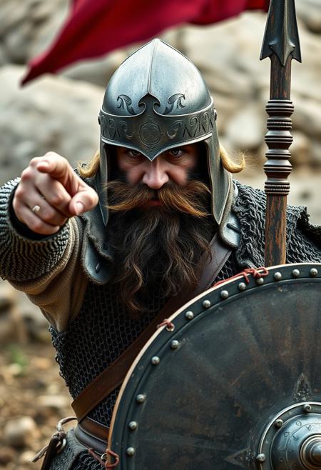 A Photo a medieval brutal man with beard in a helmet and chainmail armor, pointing towards while holding a spear and shield.
Medieval style, random background