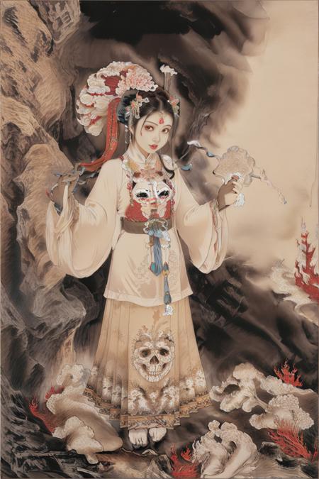 high quality,diyu, 1girl,skulls, in hell,hanfu, <lora:hanfu_v30Ming:0.8>,realistic,