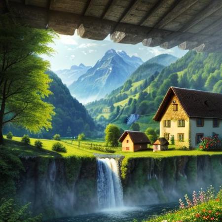 farm with hen and house in the country of Switzerland with waterfall background