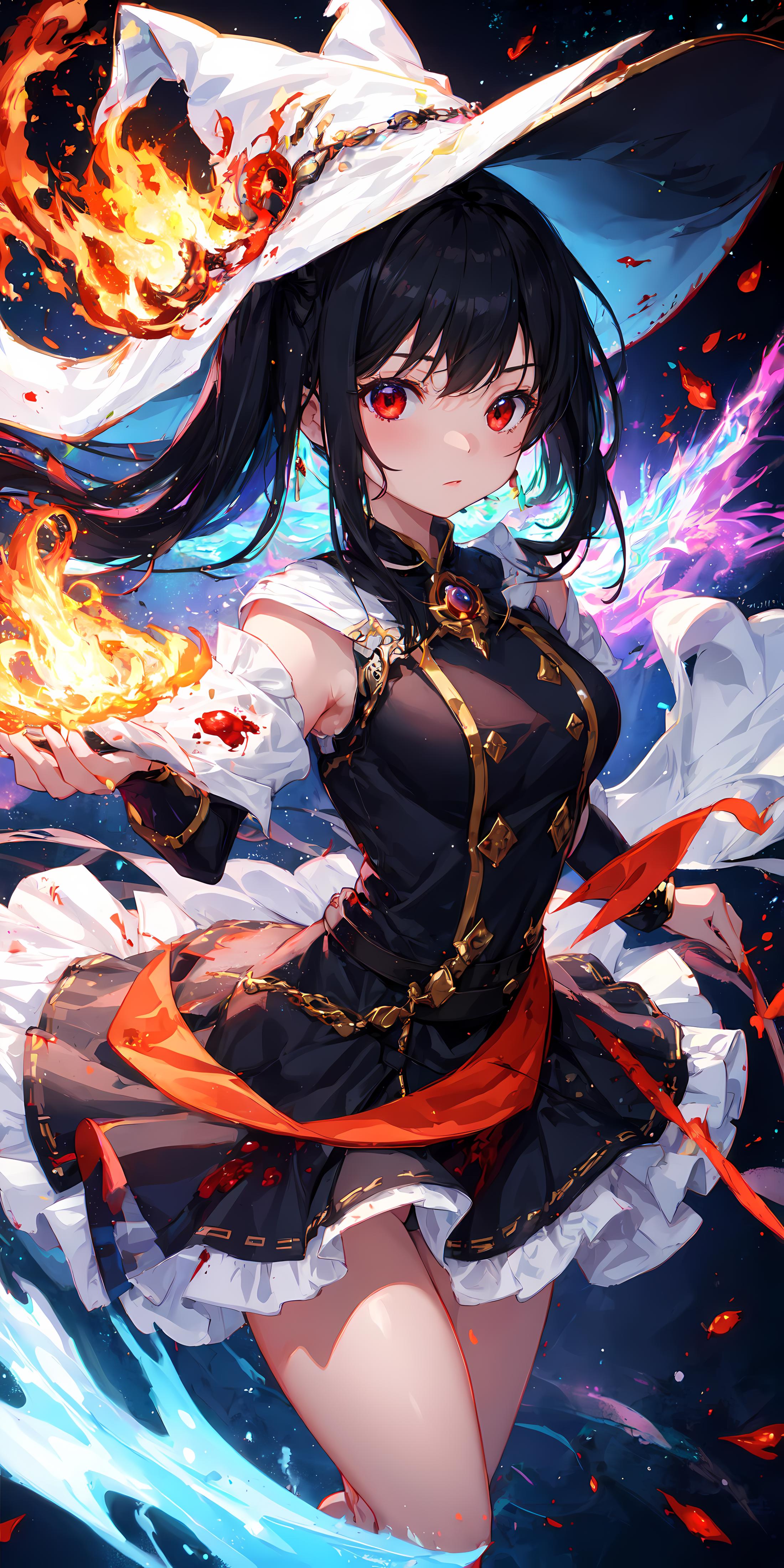 Anime-style female character wearing a black and gold dress, holding a fire element and a bug.
