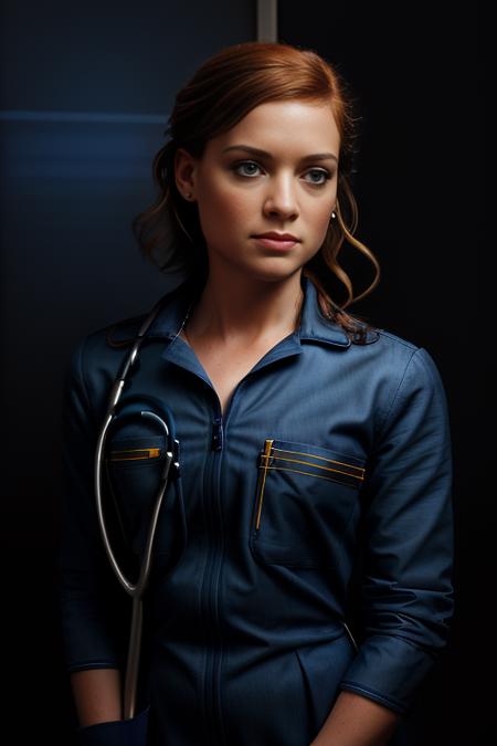 a professional photograph of beautiful(J4n313vy:1.1) woman,as a surgeon physician,wearing a (steel blue lab coat:1.2) over (indigo dress:1.2),with stethoscope around neck,name tag on lapel,holding an (x-ray chart:1.4),standing in a hospital surgery ward,wearing gloves,surrounded by a (examination table and medical equipment:1.2),long hair,jewelry,lipstick,makeup and eyeshadow,(face focus),cinematic movie still,dramatic pose,sharp focus,detailed eyes,(highly detailed),(HDR),(8k wallpaper),intricately detailed,highres,absurdres,hyper realistic,8K UHD DSLR,Fujifilm XT3,taken with (Canon EOS 1Ds camera),35mm film,extremely intricate,dramatic,(looking at viewer),4k textures,elegant,(cinematic look),hyperdetailed,PA7_Portrait-MS,<lora:J4n313vy_03C-000004:1.0>,