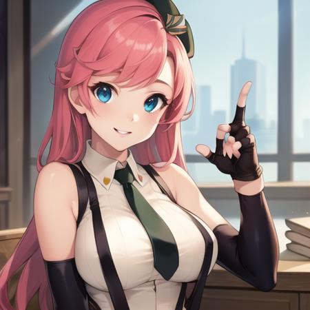 (masterpiece, best quality:1.2),illustration,8k,hd,lady,1girl,solo,upper body,(portrait:1.2),large breasts,gloves,suspenders,shorts,long hair,necktie,seductive smile,beret,pink hair,fingerless gloves,blue eyes,black thighhighs,sleeveless,shirt,suspender shorts,<lora:TNT-Novice femaleV1.6:0.6>,