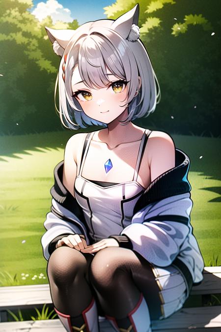 mio \(xenoblade\),

1boy, 1girl,  animal ears , black pantyhose, boots, breasts, camisole, chest jewel, closed mouth, grey hair, jacket, knee boots, outdoors, pantyhose, short hair, shoulder strap, skirt, small breasts, tank top, white camisole, white footwear, white jacket, white skirt, white tank top, yellow eyes,

<lora:mio:0.6>