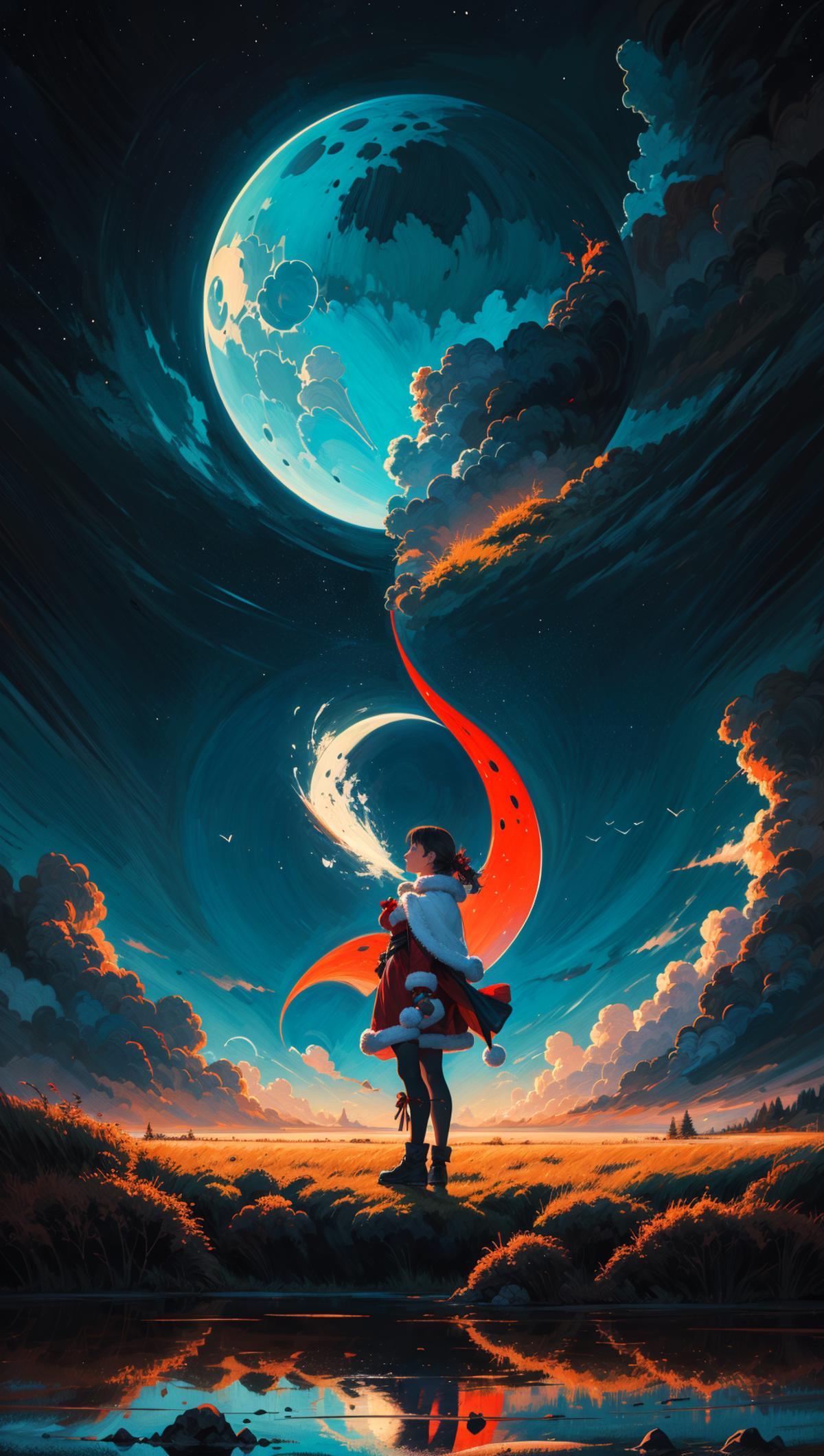A woman in a red dress stands in front of a moon and clouds.