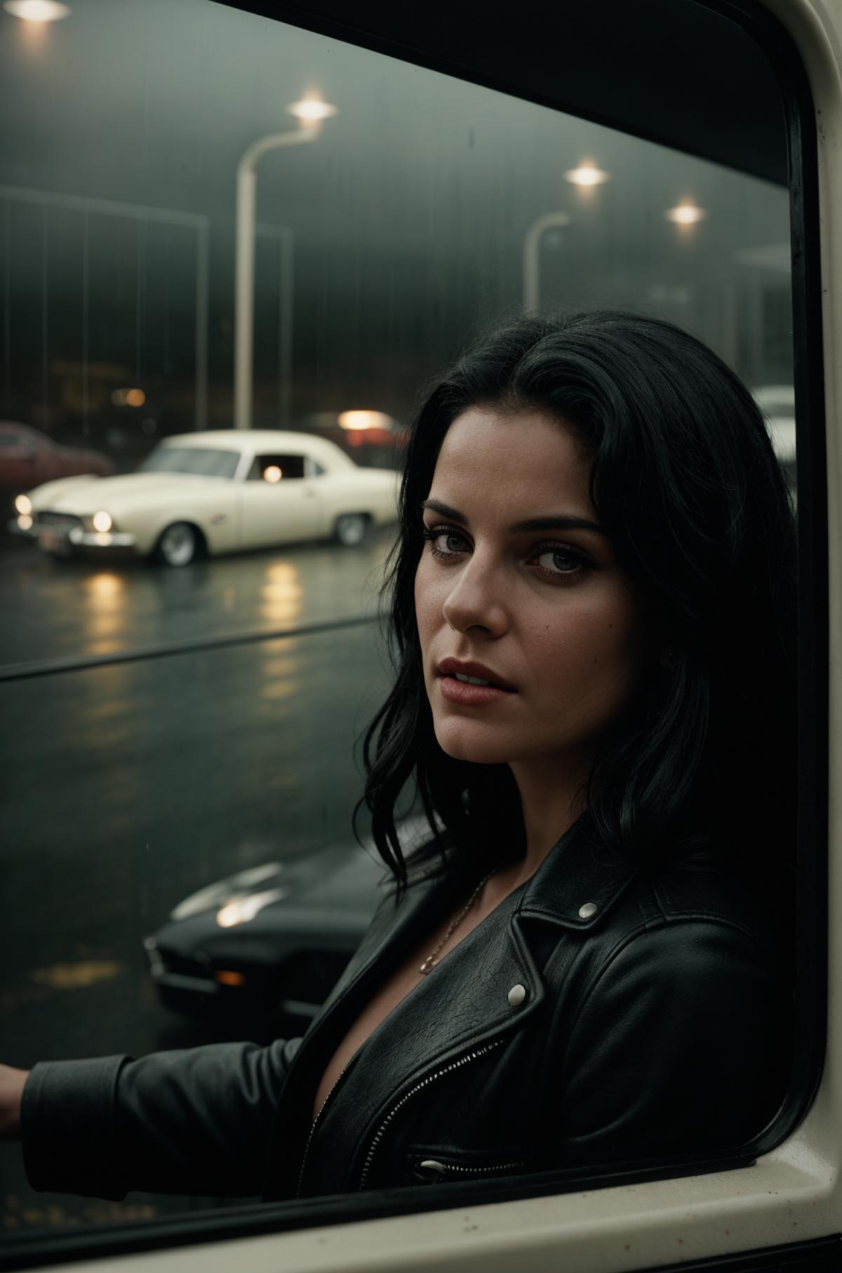 Woman in a black leather jacket looking out the window.