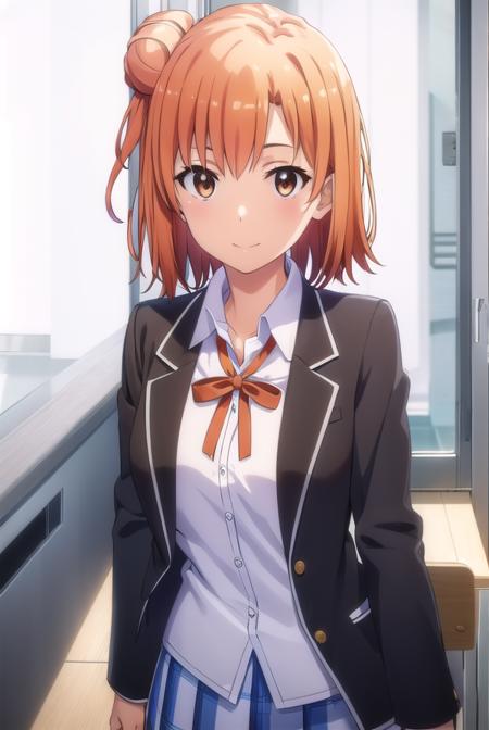 yuiyuigahama, <lora:yui yuigahama s2s3-lora-nochekaiser:1>, 
yui yuigahama, short hair, (brown eyes:1.5), (orange hair:1.2), hair bun, single hair bun, smile,
BREAK skirt, shirt, ribbon, school uniform, jacket, white shirt, black jacket, blazer, sobu high school uniform,
BREAK indoors, classroom,
BREAK looking at viewer, (cowboy shot:1.5),
BREAK <lyco:GoodHands-beta2:1>, (masterpiece:1.2), best quality, high resolution, unity 8k wallpaper, (illustration:0.8), (beautiful detailed eyes:1.6), extremely detailed face, perfect lighting, extremely detailed CG, (perfect hands, perfect anatomy),