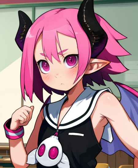 Raspberyl,pointy ears,black horns,pink eyes,pink hair,short hair,
white sailor collar,large zipper,wrist cuffs,bat wings,sleeveless,
standing,flat chest,upper body,serious,
classroom,
(insanely detailed, beautiful detailed face, masterpiece, best quality),solo,<lora:Raspberyl:0.9>,