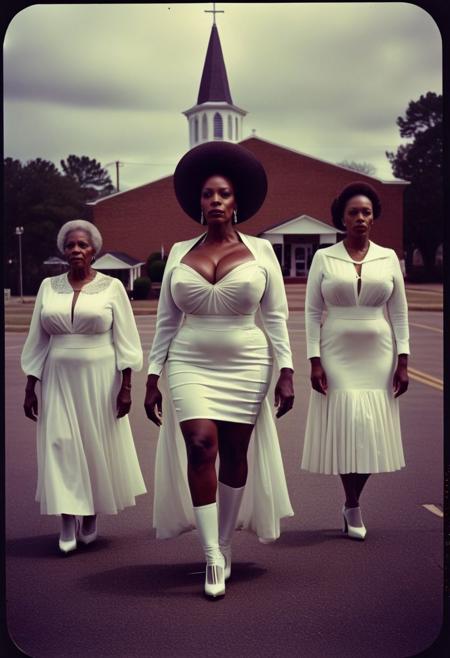 ()Hyoer Realistic:2.0)Polaroid picture of 
a hyper realistic Movie Still of (80 years old ((busty:1.3)) (((african american))) women) 
  a Mississippi Baptist church parking lot  where a group of stunning, elderly black women, resplendent in their finest Sunday attire with white high heels, (struggling to walk:1.90)  around a circle of new recruits. The women's faces exude warmth, wisdom, and a hint of mystique, as they gaze intensely at the newcomers.
With gentle, soothing voices, they begin to speak in unison, their words weaving a hypnotic spell that draws the recruits in.
The recruits' faces slacken, their eyes glazing over as they succumb to the sisters' mesmerizing power. The women's message is clear: join their sisterhood, and you shall be empowered to raise your family without the need for a man. Capture the surreal, captivating atmosphere of this scene, where the boundaries between faith, sisterhood, and mind control blur.
BREAK (wearing ((semi-transparent)) very high platforms::0.9) ((Woman Fully Visible Full Body Photo)) Film Still:1.50), a hyper realistic Movie Still of elderly (80 years old ((busty)) black women)