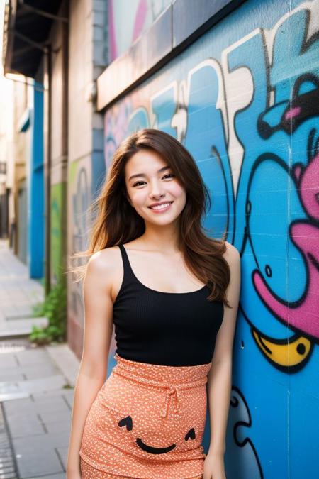 beautiful girl, long hair, wavy hair, short dress, smiley face, standing, (portrait), outdoors, ((city, alley, graffiti)), natural lighting, ((masterpiece, best quality, realistic)),