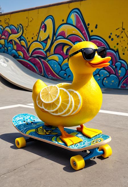 (masterpiece), (best quality), ultra detailed, whimsical lemon duck made of lemon slices and peel, bright yellow citrus texture, wearing stylish sunglasses, standing confidently on a skateboard, playful expression, colorful urban skate park background with ramps and graffiti, lively atmosphere, no flowers, wl_lemons