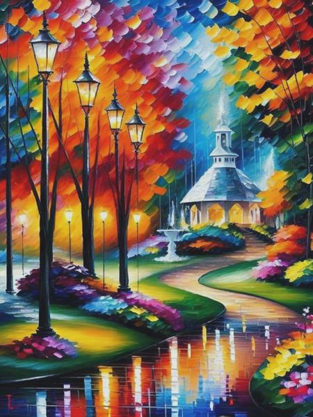 <lyco:LeonidAfremov:1.0> A colorful garden scene, with a winding path leading past blooming flowers, a sparkling fountain, and a charming gazebo in the distance. Paint in the style of Leonid Afremov