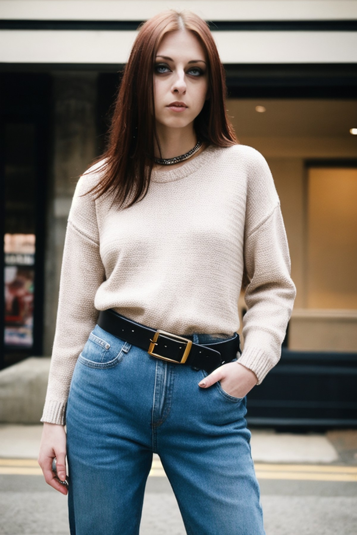 a RAW photo, portrait of lizvicious, wearing sweater, jeans, belt, village road <lora:LizVicious:1>