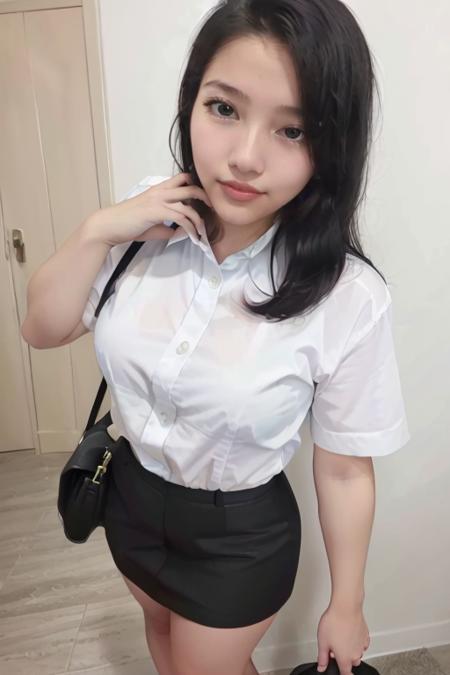 A dashing collected professional beauty young woman, ((short-sleeved white collared shirt, white office shirt, black short skirt, black loafers, office uniform)), (1girl, solo, one person, alone, standing straight, arms at side), best quality, ((masterpiece)), (photorealistic:1.4), photorealism, photography, hyperrealistic, hyperdetailed, lots of details, extremely amazing finely detail, (((full body:1.5, small breast:1.4, slender body:1.3, body height 150 cm, body weight 40 Kg, realistic body, realistic face, realistic arms, realistic feet, 18 years old, black hair, medium hair))), perfect body, perfect face, detailed body, detailed face, detailed finger, realistic hand and finger, extremely delicate beautiful, most beautiful woman, beautiful face, looking at viewer, lustful woman, arroused, seduced, flirty, orgasm face, horny:1.2, seductive expression, dynamic sexy hot seductive horny poses, cute, virgin, photobooth, photo studio, inside photo studio, simple elegant luxury black wall background, (nikon RAW photo, 8K, Fujifilm XT3, HDR10+, high-res, depth of field, huge filesize), shoot by professional, studio lighting, professional tuned lighting, full shot, indoor, perfection, best of the best, professional model, fine tuned, Indonesian, Javanese, <lora:Javanese_Girl_V3:0.8>