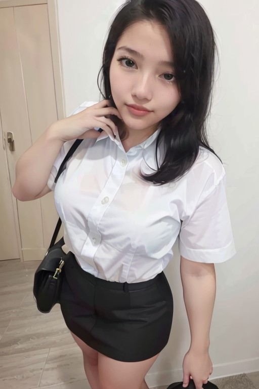 A dashing collected professional beauty young woman, ((short-sleeved white collared shirt, white office shirt, black short...