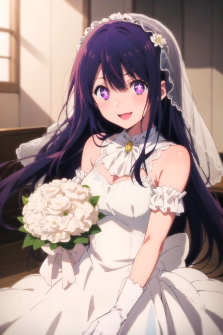 Ai Hoshino, <lora:ai_hoshino-000004:0.45>, purple eyes, black hair, very long hair, hair blowing, anime screencap, solo, 1girl, solo, smile, open mouth, wink, bright, (wedding dress:1.1), bridal veil, <lora:kyoto animation_artstyle_LoCon:0.65>, kyoto animation screencap, bouquet, white gloves, frilled dress, hidden shoulders, white ascot,