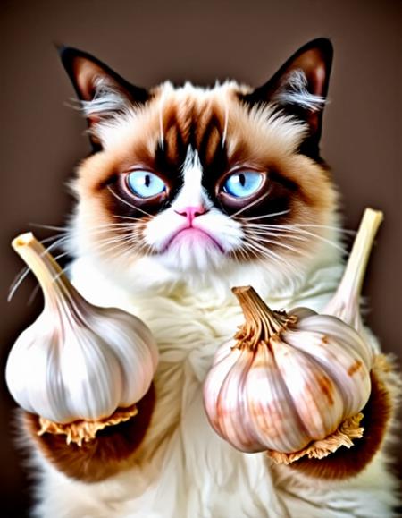 frowny housecat with garlic paws not happy, cat is transformed into giant garlic gloves, with his hears looking like garlic stems, and his paws look like garlic, and his head a large garlic clove and his body looks like garlic cloves, and his tail looks like garlic stalk.
