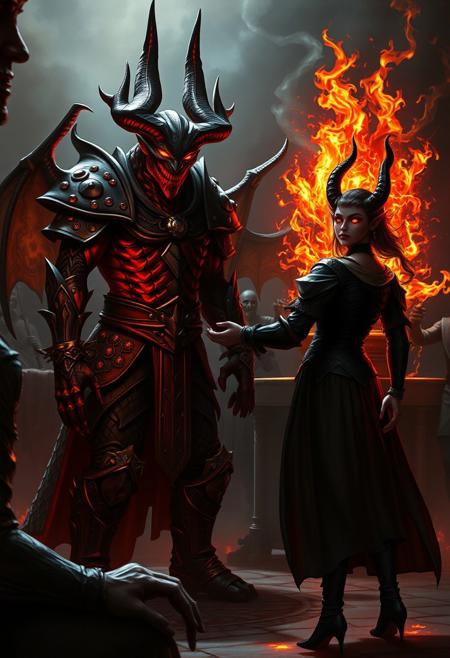 A dramatic fantasy scene: an ifrit (fire demon) with a cold, arrogant smirk, standing opposite another character, tension thick in the air. The ifrit is tall, with glowing fiery eyes, dark skin, and intricate, menacing armor. Nearby, a lower-ranking demon, now a mid-rank demon, stands confidently, handing over a medallion to a female ifrit clerk. The clerk, initially calm, suddenly freezes in shock, her fiery eyes widening like blazing saucers, her mouth slightly open in disbelief. Behind her, a magical artifact sparks and crackles with intense energy, drawing the attention of everyone in the room. The atmosphere is charged with power, pride, and the weight of past battles. Dark fantasy style, highly detailed, dramatic lighting, and expressive character emotions