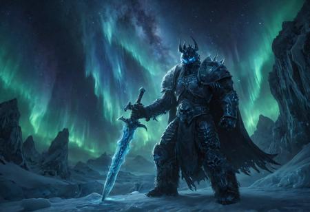 morph-aurora, aidmamj6.1, lichking, wearing helmet, sword, cinematic, realistic, digital art, illustrated art, semi realistic, frostmourne

an undead frost king wearing enchanted obsidian armor, glowing with aurora runes, standing atop a frozen throne surrounded by spectral spirits, wielding a massive runeblade crackling with blue lightning, in a surreal arctic landscape illuminated by vibrant aurora lights in the night sky, gothic fantasy style, intricate magical detailing, ethereal particles, majestic and ominous atmosphere

















