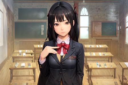 upper body, 1girl, solo, school uniform, black hair, book, brown eyes, classroom, chalkboard, long hair, window, blazer, indoors, jacket, bow, large breasts, <lora:ConceptionPlus:0.6>