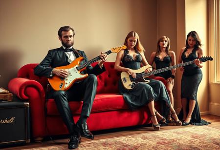 Create an image of Abraham Lincoln playing a Fender Stratocaster electric guitar while sitting on a plush red sofa. Next to him, John F. Kennedy is playing a bass guitar, contributing to the rock-and-roll vibe. The scene is set in a modern room with a Marshall amplifier beside them. Surrounding them are several groupies dressed in 19th-century attire with a sensual twist—women wearing form-fitting Victorian-style dresses with lower necklines and revealing cuts, incorporating lace and corset details. Their poses are alluring, expressing admiration for the two historical figures as they play. The lighting is warm, with a spotlight highlighting Lincoln and Kennedy as the central figures in this unique blend of history and modern rock culture.