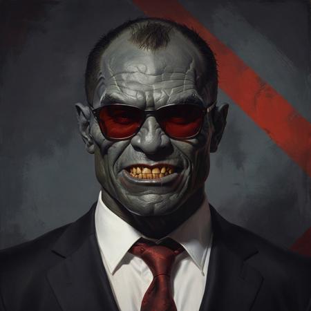 closeup portrait of a orc wearing black suit, highly detailed, evocative, high contrast, red and gray color blocks as the background, retro style sunglasses, smile face, gray skin face