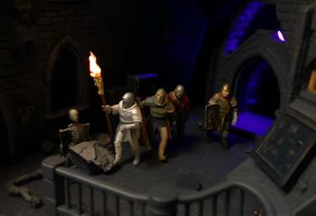 miniature diorama scene, a group of knights moving through a dark dungeon. One of the knights is holding a torch, partially lighting the scene. There are skeletons and rubble scattered around. The lighting is dark, except for the torch, with purple highlights in the background.