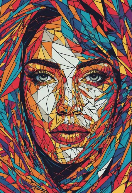woman face Vivid colors, Embrace the challenges, Global Art and Multiculturalism, Technology and Digital Art, in bold outline style, jagged edges, trashcore, light shading