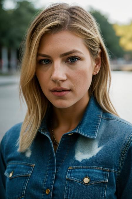 <lora:k4th3rynw:1>, Realistic photo of a beautiful k4th3rynw woman, 1girl, solo, long hair, breasts, looking at viewer, blue eyes, blonde hair, simple background, shirt, upper body, parted lips, grey background, lips, blue shirt, denim, messy hair, realistic, denim jacket, soft lighting, professional Photography, Photorealistic, detailed, RAW, analog, sharp focus, 8k, HD, DSLR, high quality, Fujifilm XT3, film grain, award winning, masterpiece