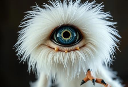 a white muppet with one central alien eye, and real sharp teeth, and three hoofed legs