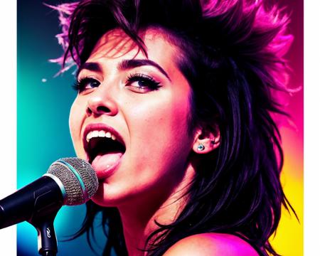 1girl, A half portrait of a 24 y.o New York Italian woman bombshell, punk rock singer, amazing body, mohawk haircut, high energy, screaming and singing, microphone, rock concert, (Vaporwave aesthetic), high contrast, (natural skin texture, hyperrealism, soft light, sharp), shot on iPhone 14 PRO