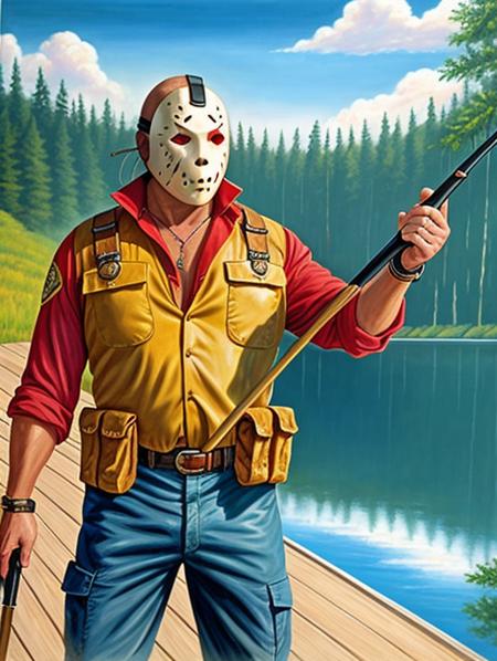 pt3jasonvoorhees-2250, looking at viewer, wearing fishing outfit, fishing on a quiet lake, oil painting, photorealistic, masterpiece