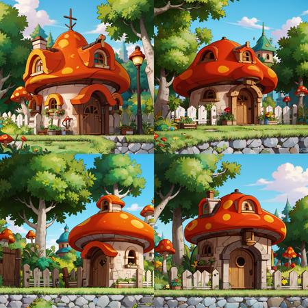 ((masterpiece,best quality)), absurdres,
<lora:Henesys_Maple_Story_Anime:0.7>, Henesys_Maple_Story,
outdoors, no humans, tree, grass, sky, house, scenery, mushroom, door, window, fence, chimney, sign, plant, building, nature,
cinematic composition,