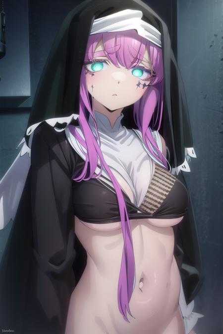 sister gigant, long hair, very long hair, (green eyes:1.3), pink hair, facial mark, long sleeves, dress, black dress, underboob, veil, nun, habit,