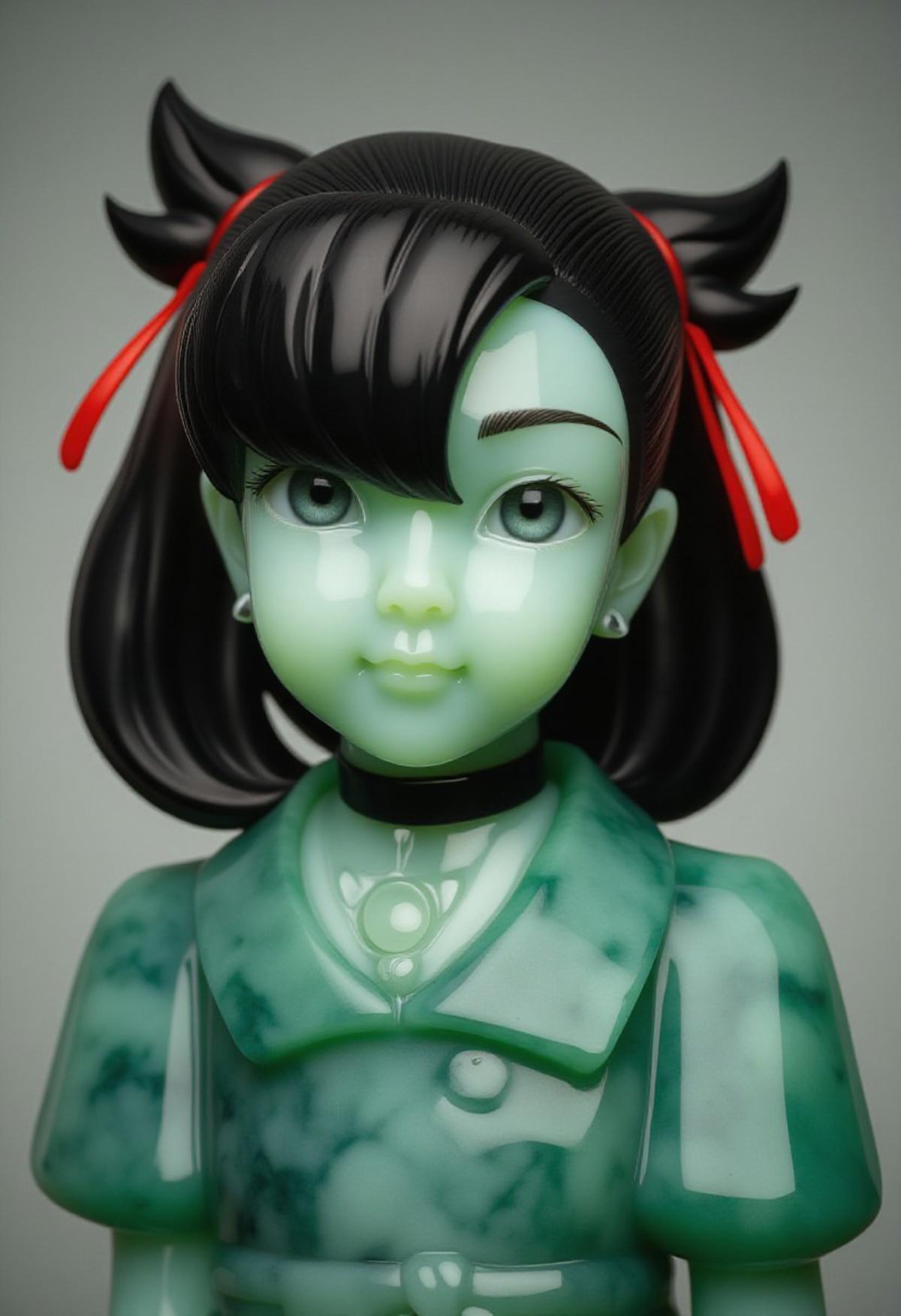 jade, a beautiful jade made girl, zzMarnie, aqua eyes, black choker, red ribbon,