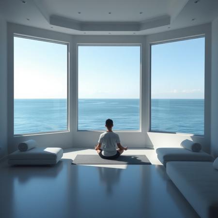 Meditative Space
    - A minimalist interior space with large windows overlooking a calm, blue ocean. The room is decorated in shades of blue and white, with comfortable seating and soft lighting. A person sits in quiet meditation, surrounded by the tranquil beauty of the sea.
