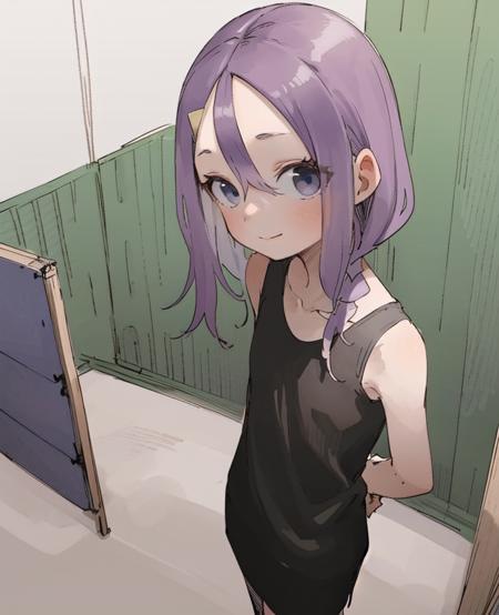 sketch, 1girl, solo, purple hair, blue eyes, black shirt, standing, white background <lora:YamamotoSouichirou-000049:1>