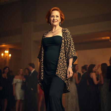 full body shot masterpiece portrait of a woman::1.4, Norman Rockwell style::1.2, realistic impressionist art::1.1,
(physical description: mature woman,red hair, light skin, confident posture, chubby build:1.1)
(facial features, expression: elegant, poised, subtle smile:1.0)
(clothing details: black strapless dress paired with a leopard print kimono-style jacket, black platform sandals:1.0)
(accessories: minimal or no jewelry, natural makeup for an evening gala look:0.9)
(background setting: evening gala event at, subtle crowd and venue details:0.9)
(lighting style: warm, soft evening event lighting, highlights on dress textures and jacket pattern:0.8)
(composition and camera framing: three-quarter length portrait, subject centered, slight angle to highlight outfit:1.0)
(emotional tone or theme: stylish, refined, celebratory mood:0.9)
(technical execution: oil painting texture, rich detail on fabric patterns and folds, balanced warm contrast:0.8)
