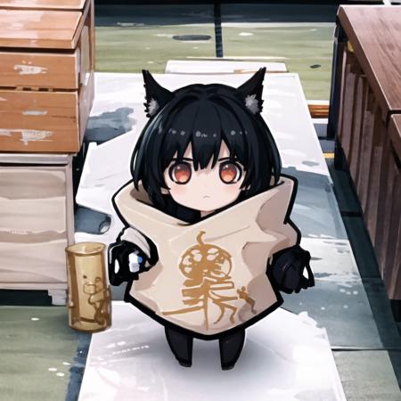 bagcat,Omertosa,head,snow,black hair,red eyes,1girl, solo, chibi,,<lora:bagcat-000012:1> <lora:Arknights-Texas the Omertosa:1>