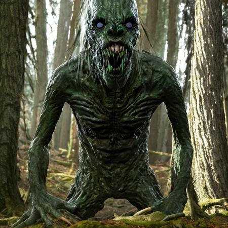 the creature that lurks in the woods, scary, fine art, intricate