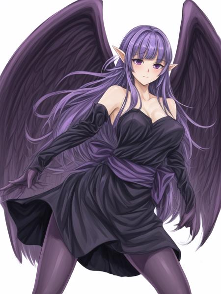 Night Wing Sorceress,1girl,purple hair,purple eyes, pointy ears, tsurime, black dress,pantyhose, sleeveless, fingerless gloves,waist ribbon,feathered wings, long dress,