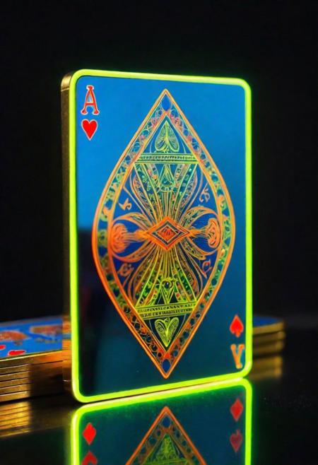 super realistic, glitter, extreme detailing, realistic face, a line of many playing cards made from gold-titanium allaoy and green blue orange red neon for different suit,  intricate details, (floating upright:1.2) on a smooth black mirror surface, reflections, volumetric lighting, 8k UHD, QHD, ultra-sharp, ultra-detailed, refraction, ray tracking