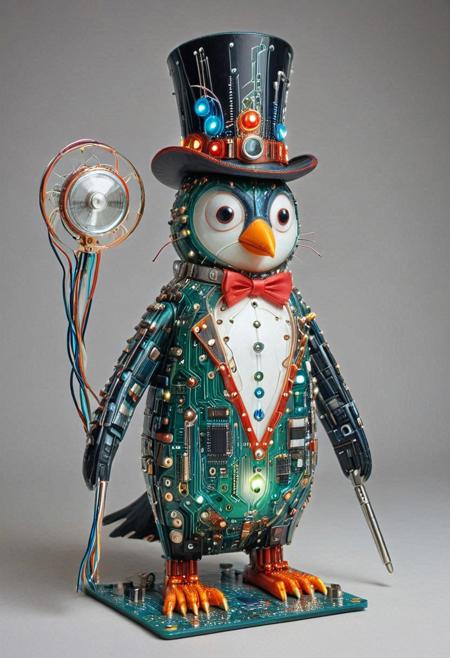 embedding:lazmpos, Transistors, pcb_style, LED, colorful LED lights, RGB lights, red green and blue penguin, art deco, top hat, cane, monocle,RetroBG
