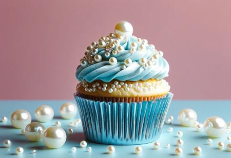Pearlum, light blue cupcake with pearls, table and pink wall background, realistic, food photography, high quality