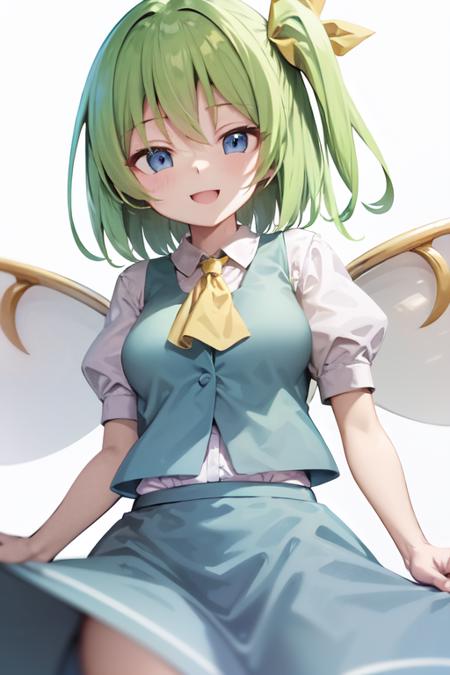 daiyousei green hair short hair side ponytail yellow ribbon blue vest yellow ascot white shirt puffy short sleeves blue skirt fairy wings