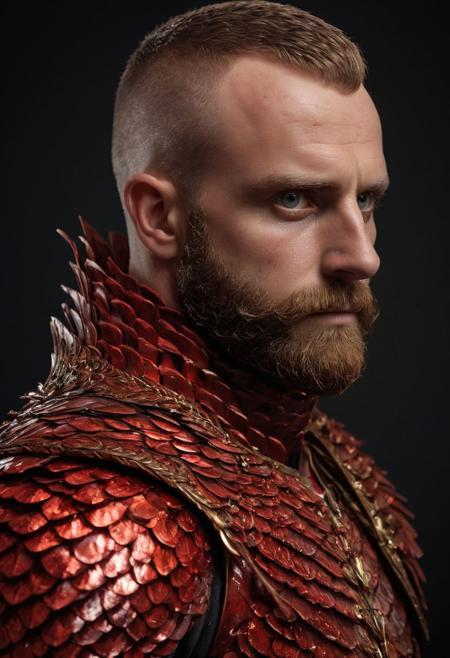 2 large hussar wings behin back, undercuthaircut, Photorealistic oil painting of (Handsome:1.1) (Polish) (Irish) (Slavic) (bright sapphire eyes) (half-dragon warrior-prince:1.2) with (intricate metallic red brass scales seamlessly melded into arm and neck:0.9), 28-year-old, (darkblonde undercut short hair:1.1), (medieval fantasy clothing:1.2), grimdark fantasy, (medieval) fantasy, high fantasy, epic fantasy, (upper body:1.3) (medium shot:1.3) taken with (fujifilm xt3:1.1), film grain, dark style, raking light dramatic hard shadows, (dramatic lighting:0.9), material contrast, cinematic composition, intricate details, masterpiece, visually stunning, evocative, vivid deep hues, brass, red Crystal, (body transformation:1.2), <dhevv:ds-style:rsd1.5>, realistic eyes, scaleborn, scales, undercut, royal, red armor, symmetrical armor, large nose, wide nose, wide nosebridge, tallnose, dour expression, full beard,