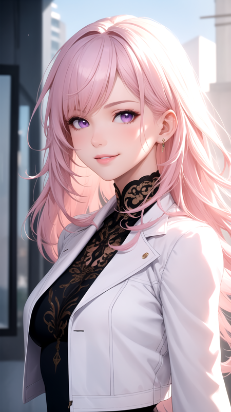 (masterpiece, best quality), intricate details, thin, ((slim)), beautiful girl, Light pink hair, white skin, light purple eyes, sharp jawline, cropped jacket, messy hair, lips, upper body, close up, smirk