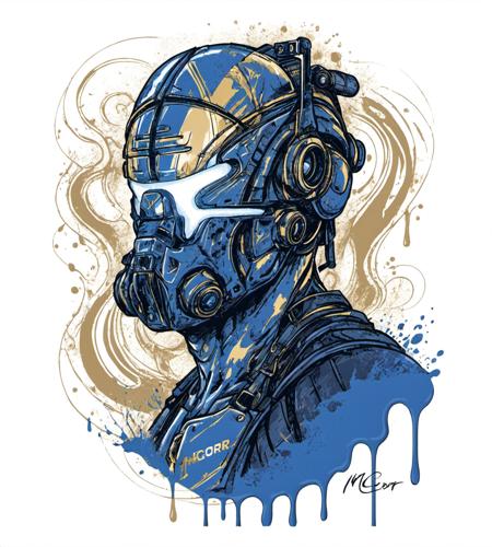 a helmeted muscular and skinny man,glowing eyes,abstract dark fluid art,(blue, gold and marble:1.2),(splash:1.2),swirls,(half body:1.1),flow,dynamic,line art drawing, minimalist,line art, vector graphics,flat style,("MCOR" text on body:1.1),tattoo