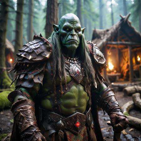 highly detailed portrait photo of a (ogre shaman):1.2  in a primitive camp in the forest.

ogre shaman, solo, long hair, gloves, weapon, male focus, green hair, pointy ears, armor, glowing, colored skin, staff, shoulder armor, glowing eyes, beard, bald, green skin, chainmail,

in a primitive forest encampment,

depth of field:1.2, blurry, blurry background,
realistic:1.3,

photorealistic,
fantasy, cinematic,
32k, best quality, 


shadow play:1.1,




