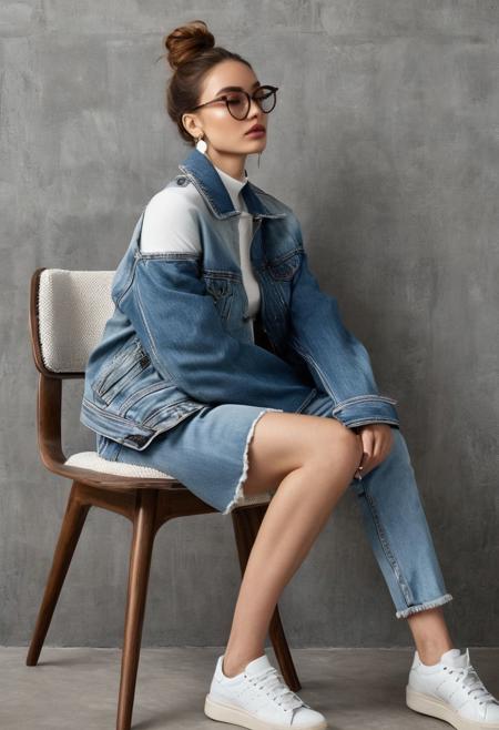 realistic, extremely high quality RAW photograph, intricate, Exquisite details and textures, highly detailed, ultra detailed photograph, 4k, high resolution, detailed skin, woman sitting in a modern style chair with wooden legs and a white seat, the woman is wearing a large denim jacket, open and hiding her body and appears to be barefoot, with her legs crossed, she has brown hair tied up in the back, she is wearing glasses that she holds with her right hand that is resting on her leg, she wears long earrings, she has thick lips and shows one bare shoulder, her legs are bare. The background is a textured gray wall, which provides a neutral contrast to the blue of the denim. The artistic style of this photograph can be described as contemporary, with an emphasis on minimalism and naturalism, focusing on textures and relaxed posing to convey a casual yet thoughtful composition.
The minimalist style is characterized by its simplicity and the elimination of superfluous elements, allowing details and textures, such as the denim jacket and the textured wall, to be the visual protagonists. Naturalism in photography seeks to capture subjects and scenes in a realistic and authentic way, which is reflected in the spontaneous pose and relaxed atmosphere of the image.